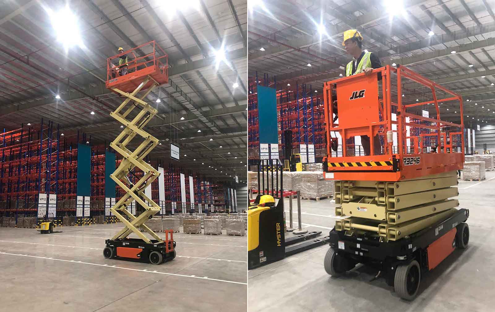Xe thang cắt kéo chạy điện 12m JLG R3246 sử dụng trong kho hàng