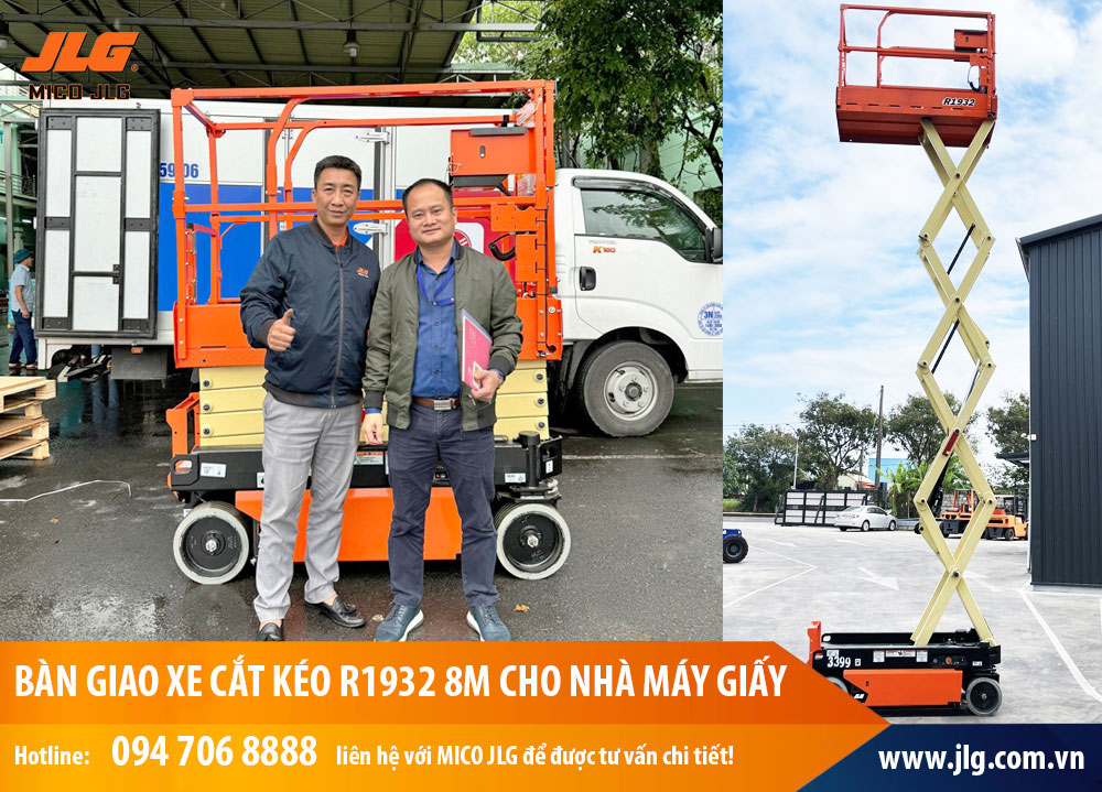 bàn giao thành công xe nâng người cắt kéo JLG R1932 chạy điện cho khách hàng là nhà máy sản xuất giấy hàng đầu tại Việt Nam